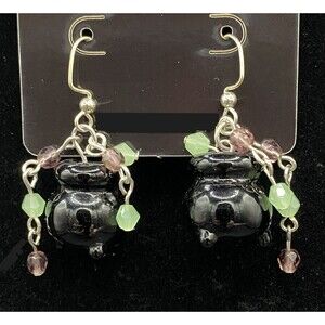 Handmade Black Glass Cauldron Green & Purple Glass Bead Earrings by Neanie-Bot